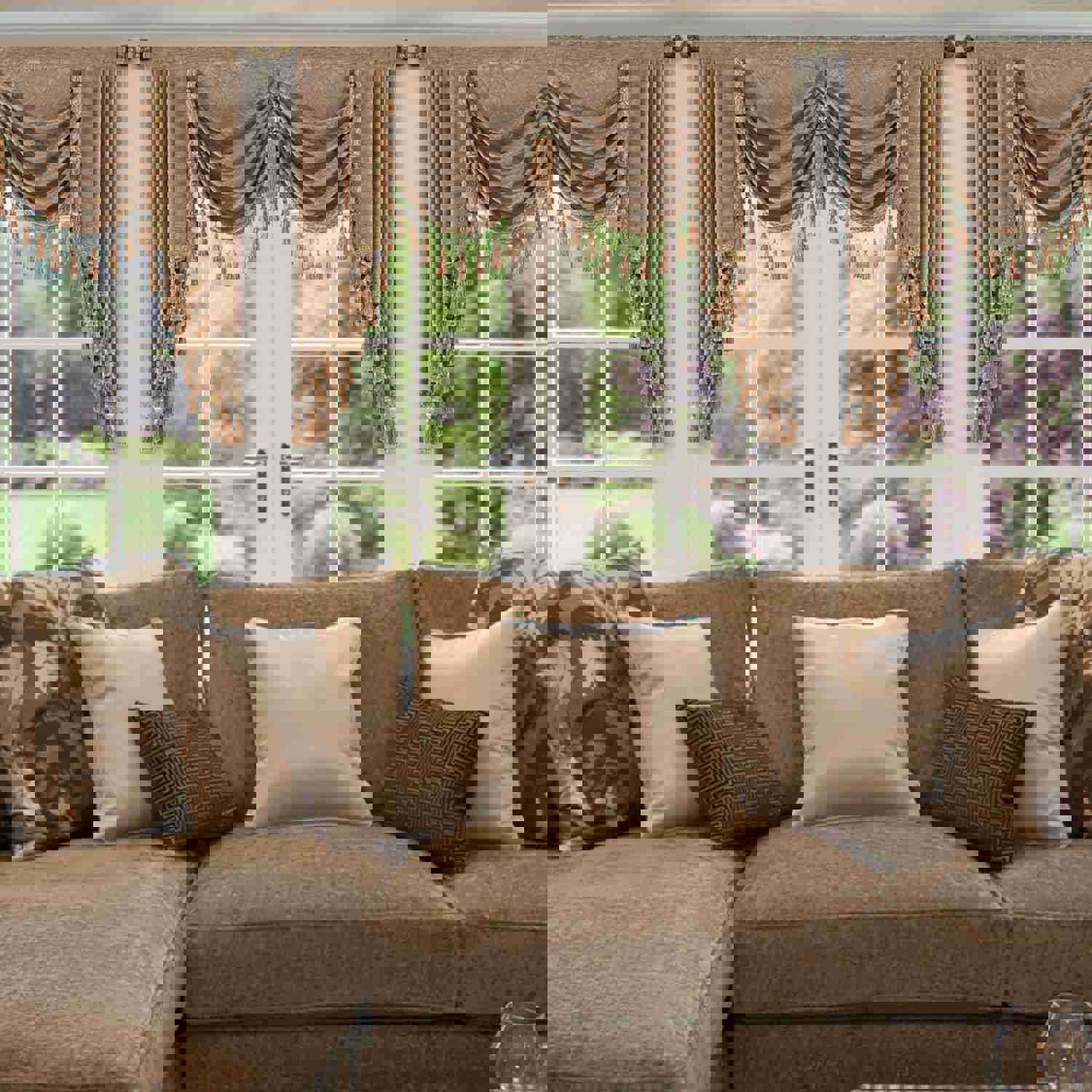 Coffee Chenille Swag Valance with Beads and Tassels