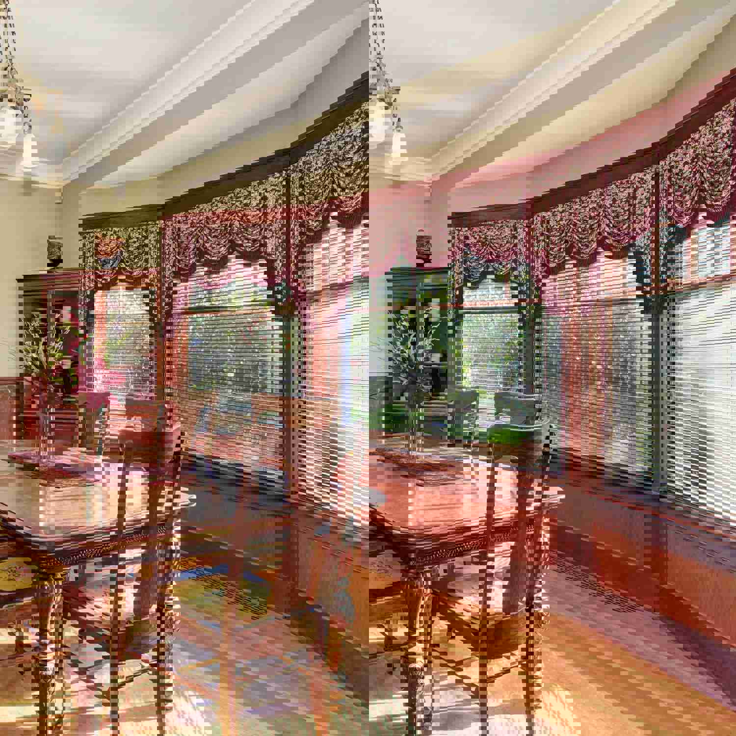 Burgundy Swag Valance with Classical Floral Pattern