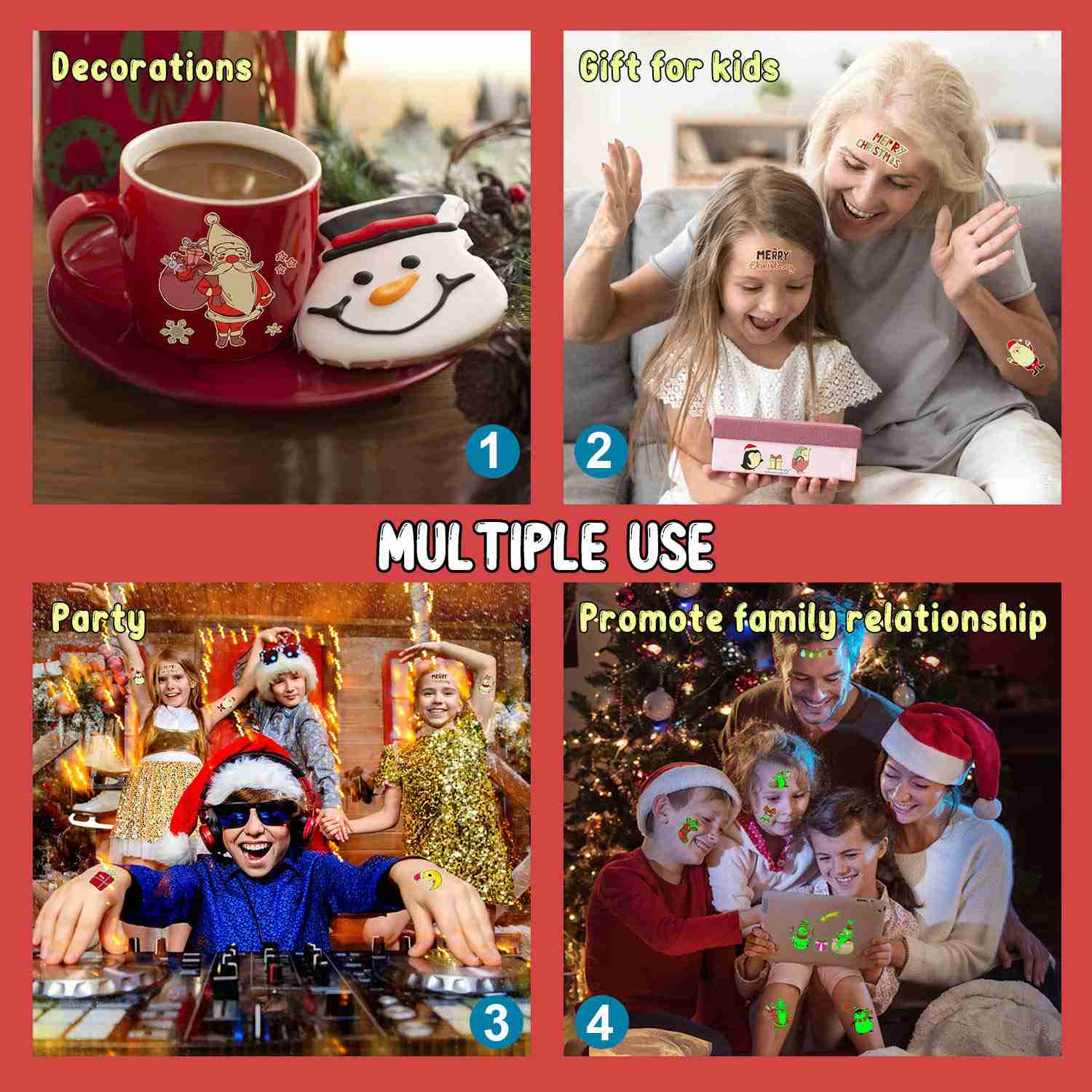Partywind 10 Sheets Luminous Christmas Temporary Tattoos for Kids - Festive Holiday Stickers for Parties