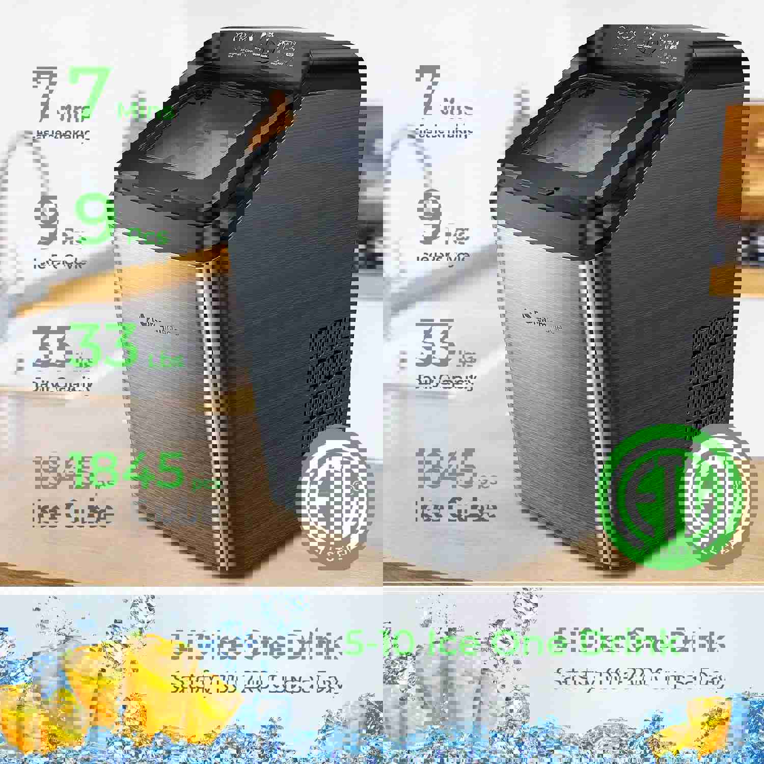Dreamiracle Ice Maker Machine for Countertop, 33 lbs Bullet Ice Cube in 24H, 9 Ice Cubes Ready in 7-10 Minutes