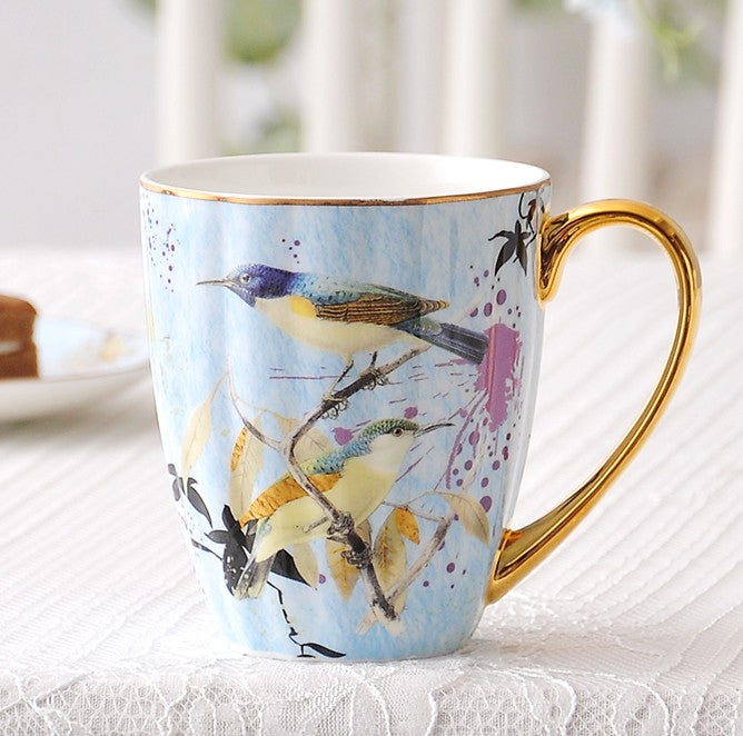 Large Creative Bone China Porcelain Mug - Elegant Blue Ceramic Coffee Mug with Bird Flower Design