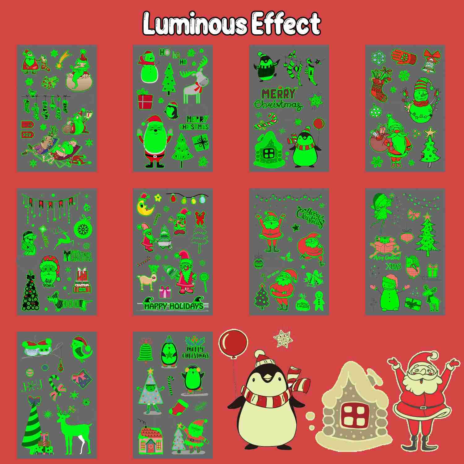 Partywind 10 Sheets Luminous Christmas Temporary Tattoos for Kids - Festive Holiday Stickers for Parties