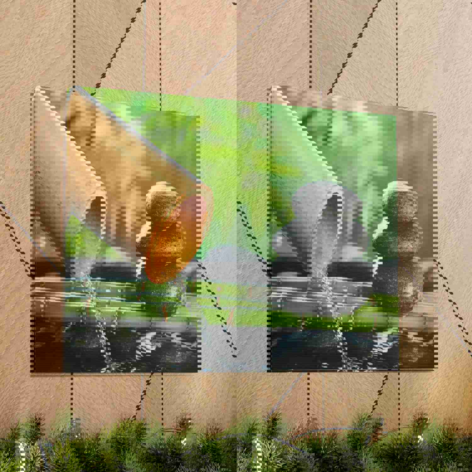 Traditional Bamboo Fountain Forest Floral Nature Photography Canvas Wall Art for Home Decor