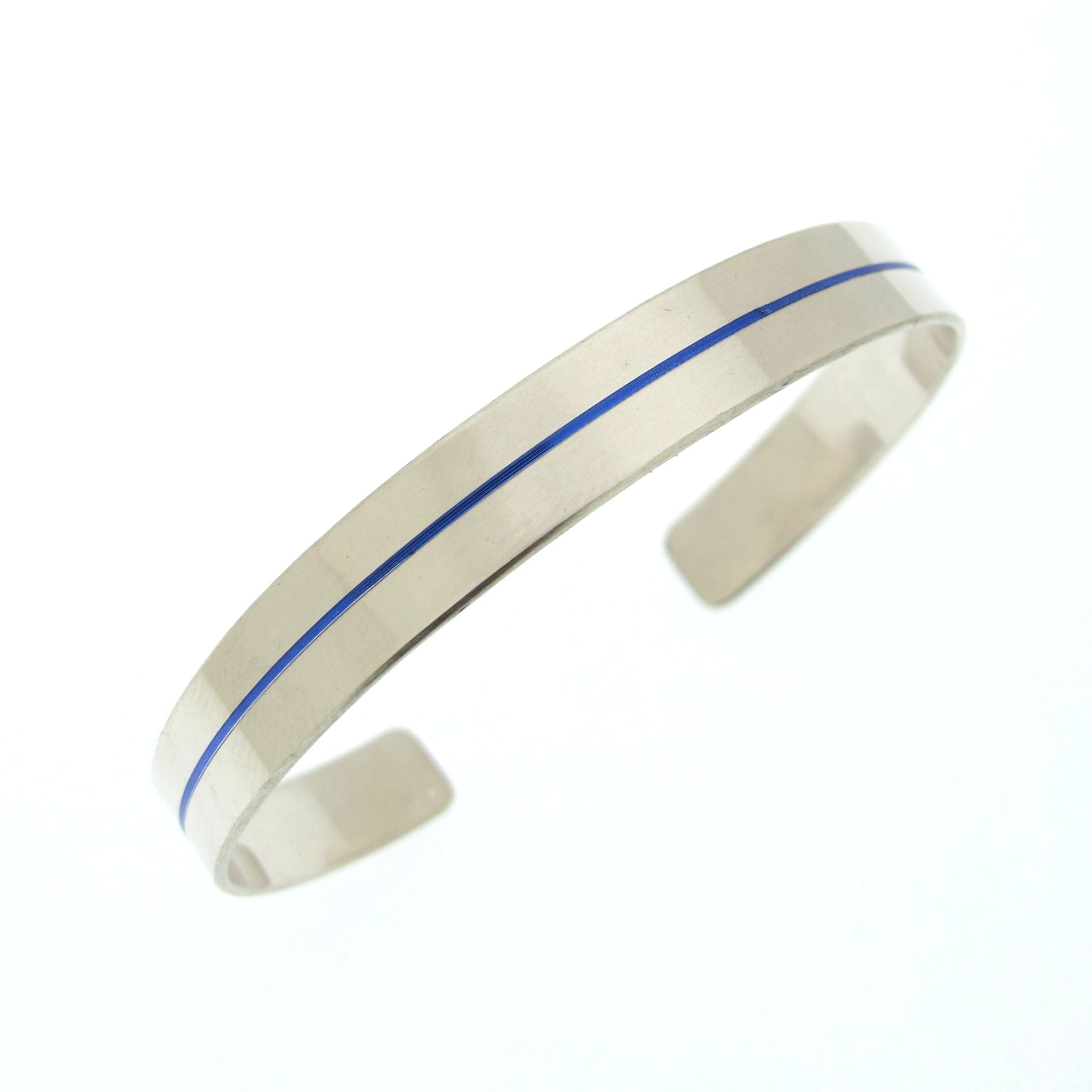 Thin Blue Line Sterling Silver Cuff Bracelet - Adjustable Police Officer Gift
