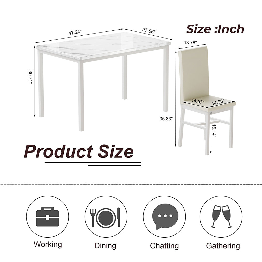 5 Piece Kitchen Dining Table and Chair Set with Faux Marble Table and PU Leather Chairs