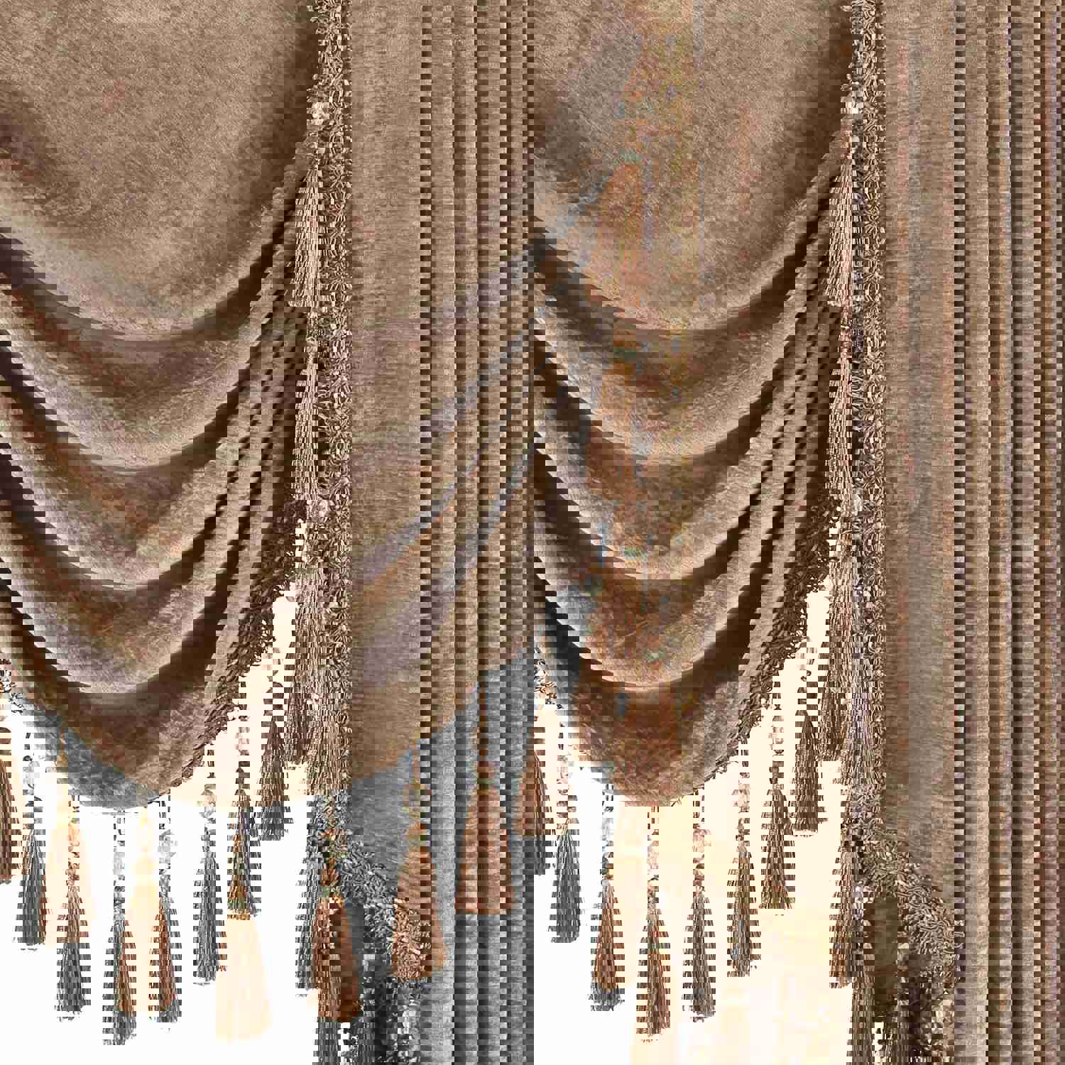 Coffee Chenille Swag Valance with Beads and Tassels