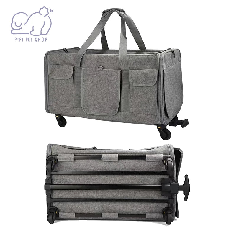 Portable Pet Trolley Case with Detachable Wheels - Breathable & Foldable Large Capacity Travel Bag for Cats and Puppies