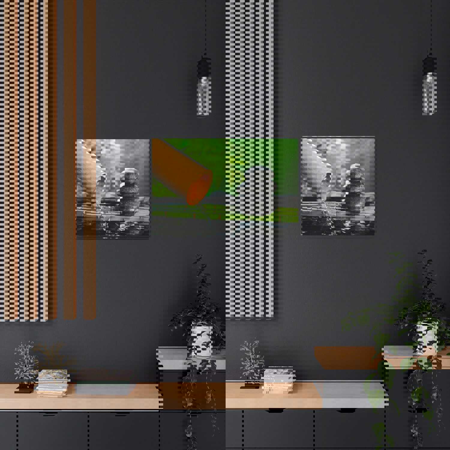 Traditional Bamboo Fountain Forest Floral Nature Photography Canvas Wall Art for Home Decor