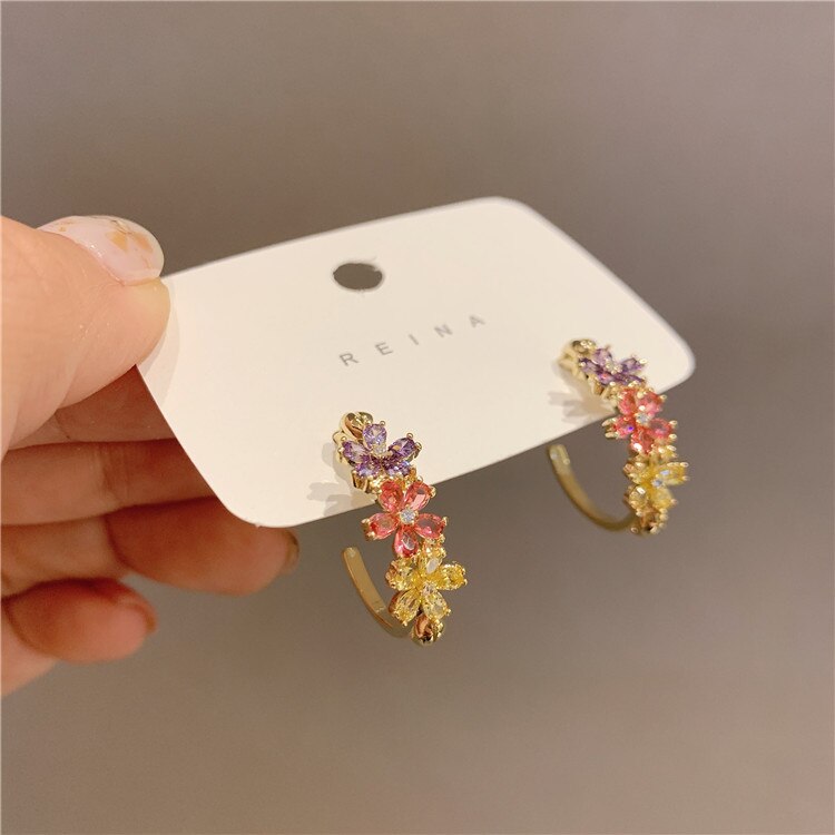 Exquisite Copper Inlaid Color Zircon Flower Semicircle Earrings for Women