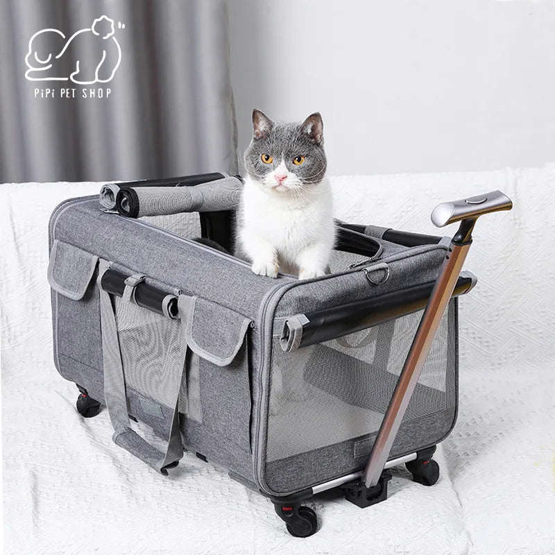 Portable Pet Trolley Case with Detachable Wheels - Breathable & Foldable Large Capacity Travel Bag for Cats and Puppies