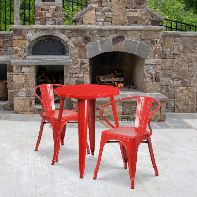 Flash Furniture Napoleon Commercial Grade 24 Round Red Metal Indoor-Outdoor Table Set with 2 Arm Chairs