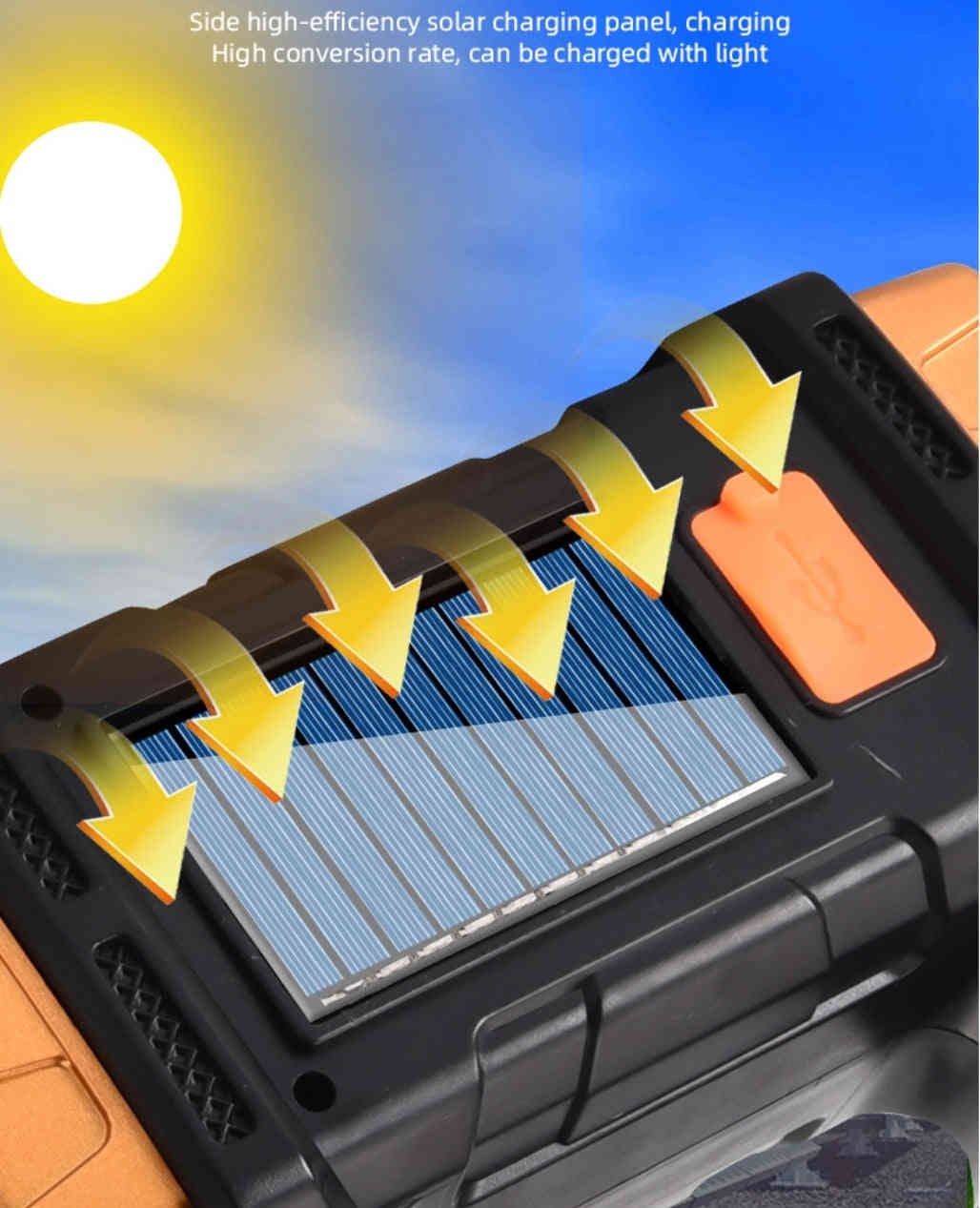 150000 Lumens Dual-Head Solar LED Searchlight with COB Work Light and USB Rechargeable Power Bank