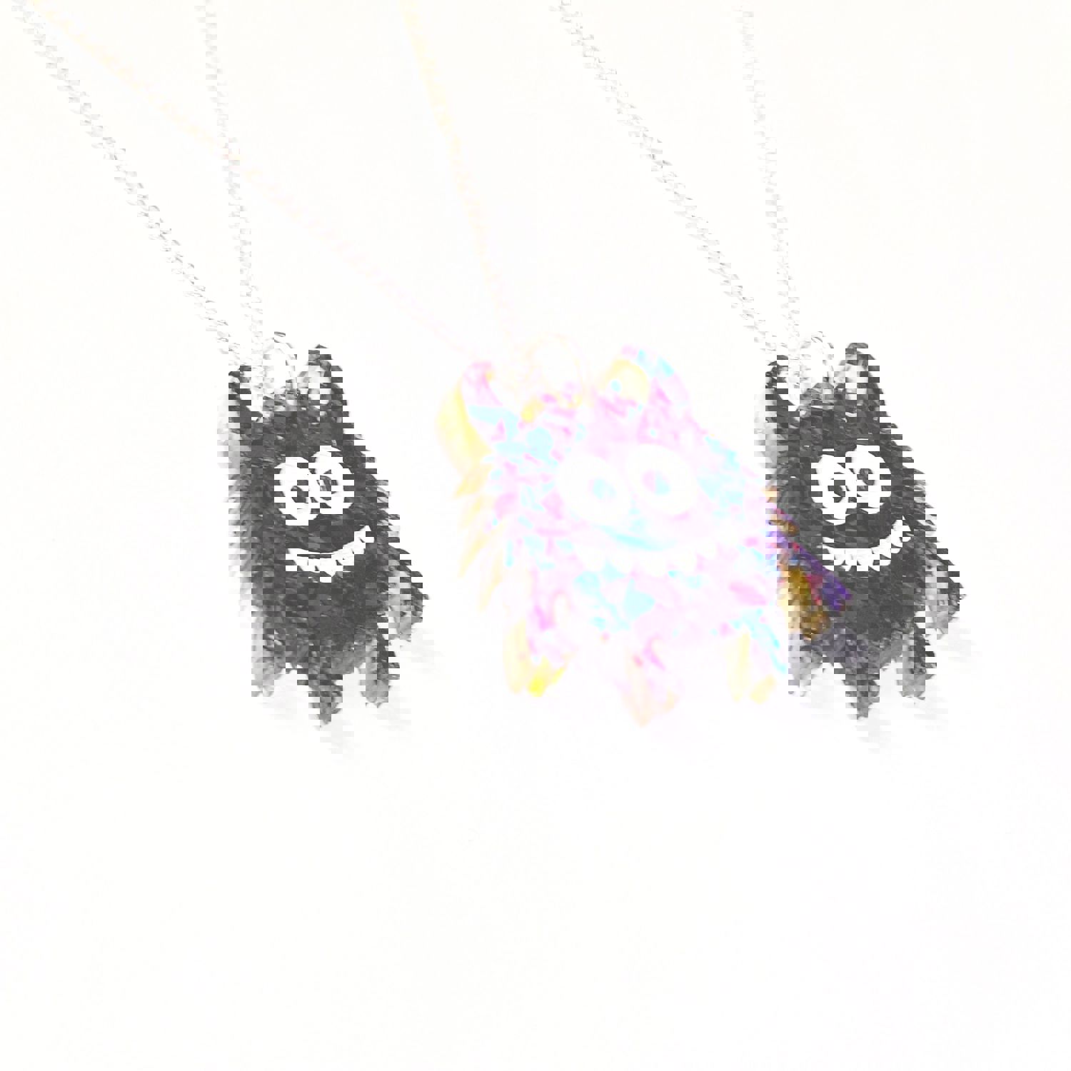 Purple Glitter Silly Monster Pendant Necklace - Retro Vaporwave Halloween Fun