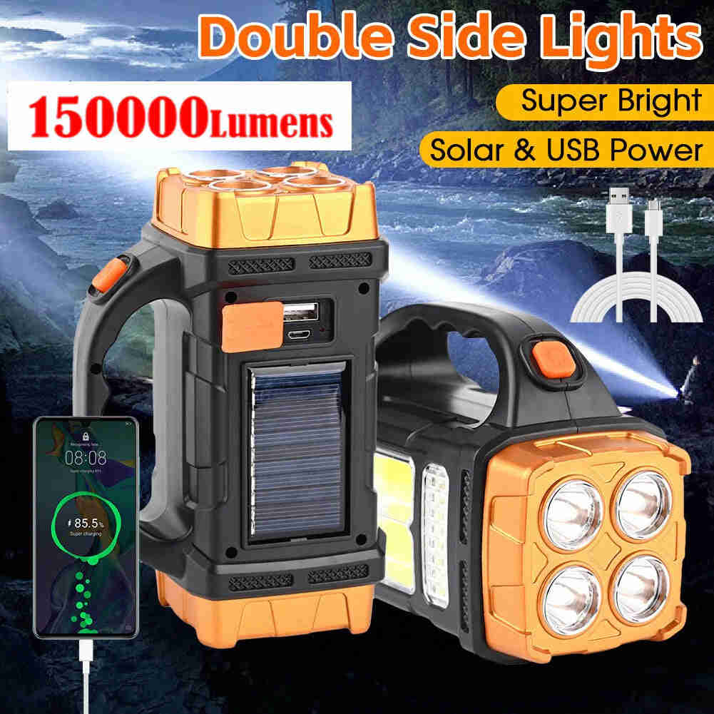 150000 Lumens Dual-Head Solar LED Searchlight with COB Work Light and USB Rechargeable Power Bank