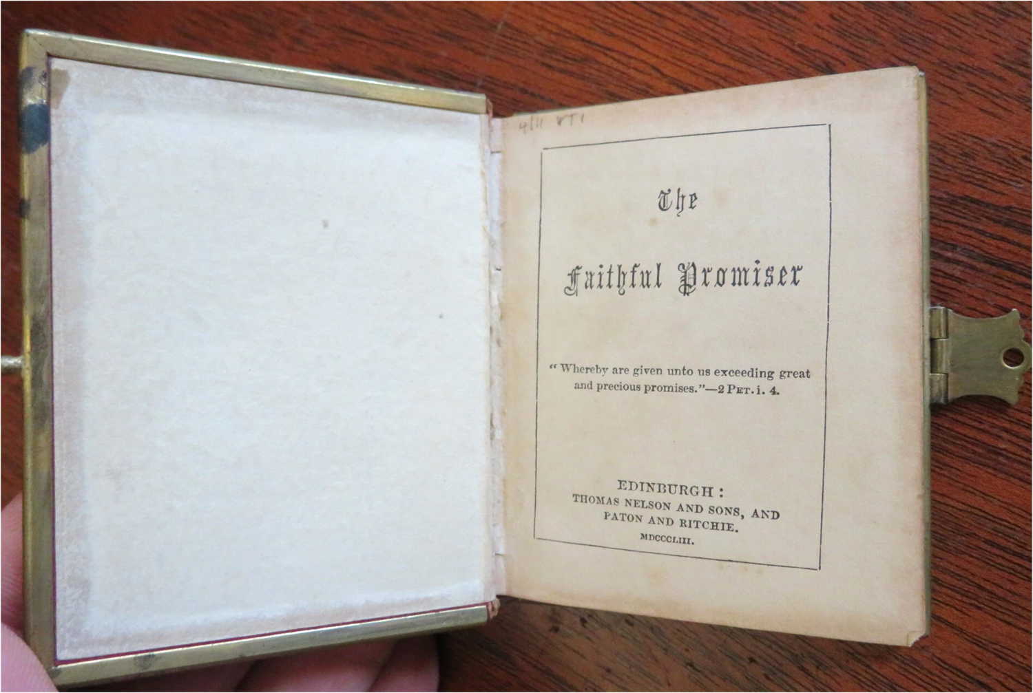 Faithful Promiser 1853 Miniature Leather Book with Working Metal Brass Clasp & Edges