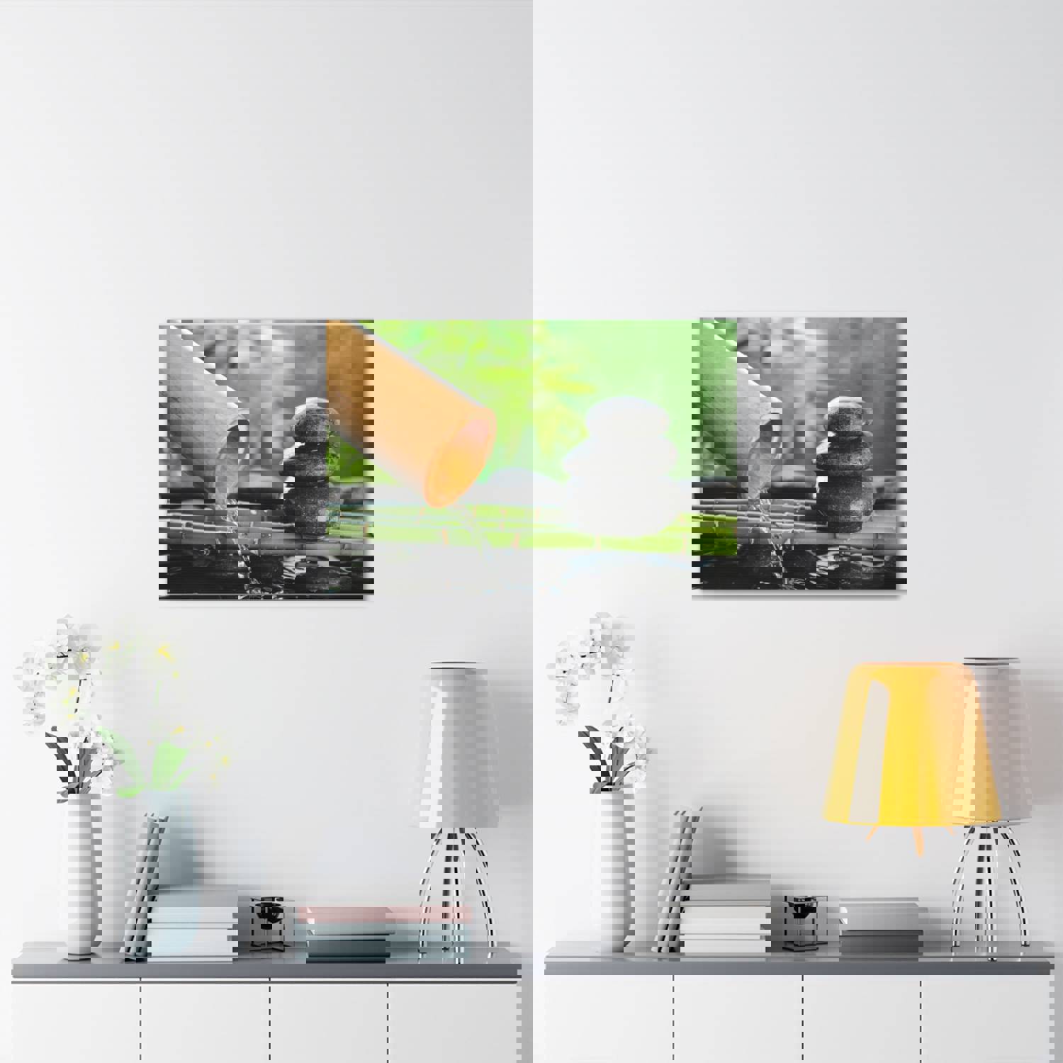 Traditional Bamboo Fountain Forest Floral Nature Photography Canvas Wall Art for Home Decor