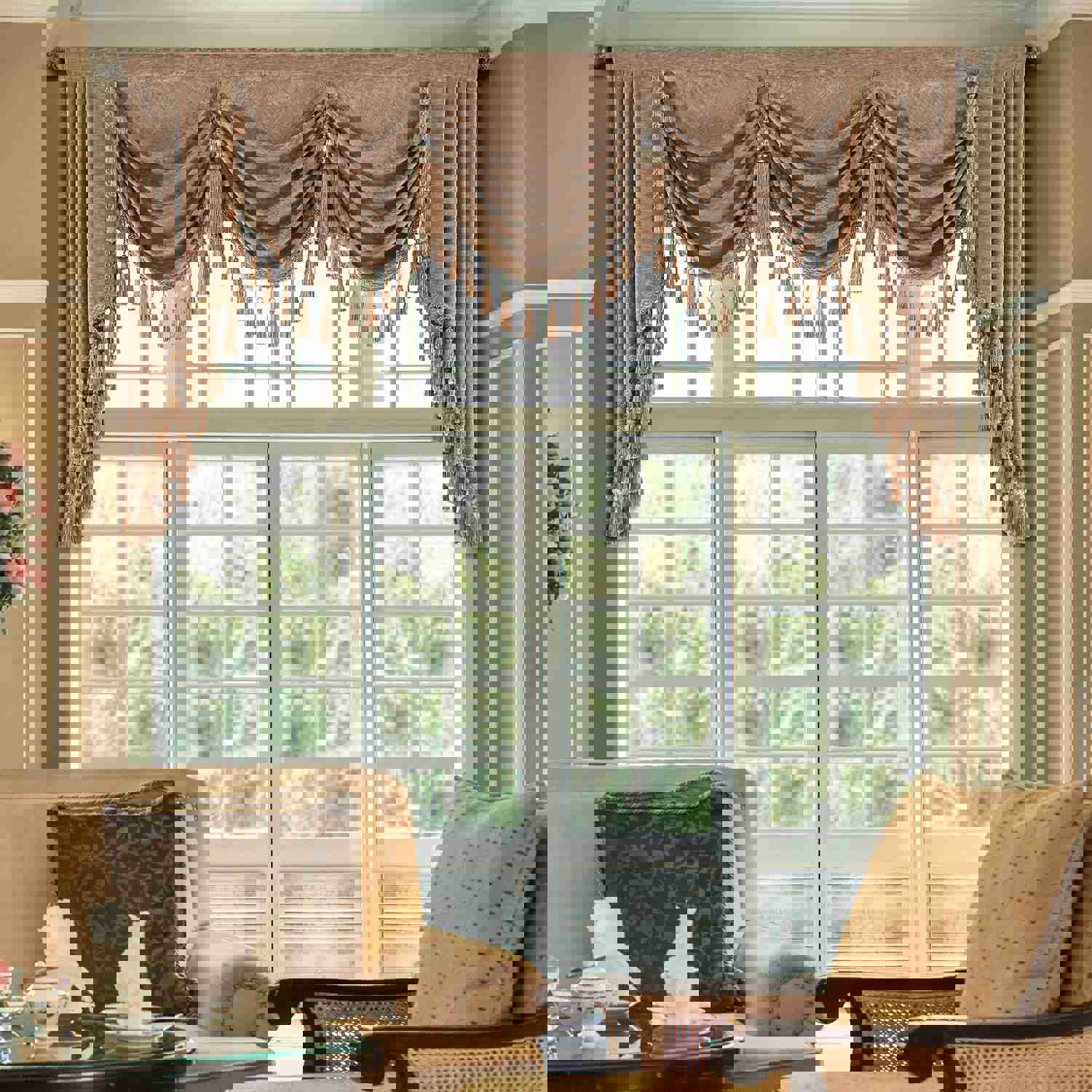 Coffee Chenille Swag Valance with Beads and Tassels