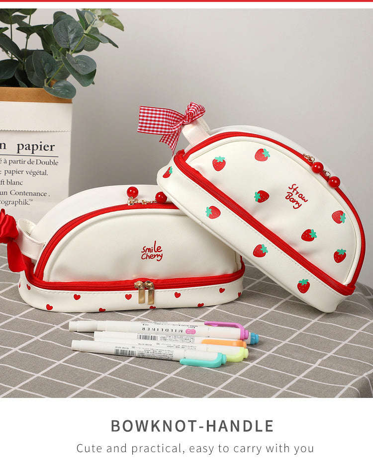 Lkblock Large Capacity Cherry Pencil Cases - Double-Layer Kawaii PU Pencil Bag for School & Office