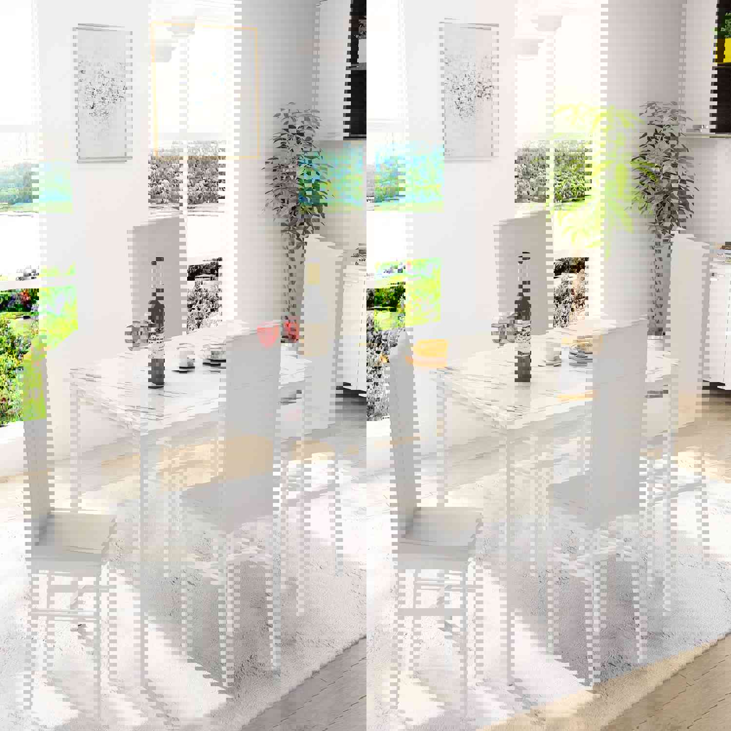 5 Piece Kitchen Dining Table and Chair Set with Faux Marble Table and PU Leather Chairs