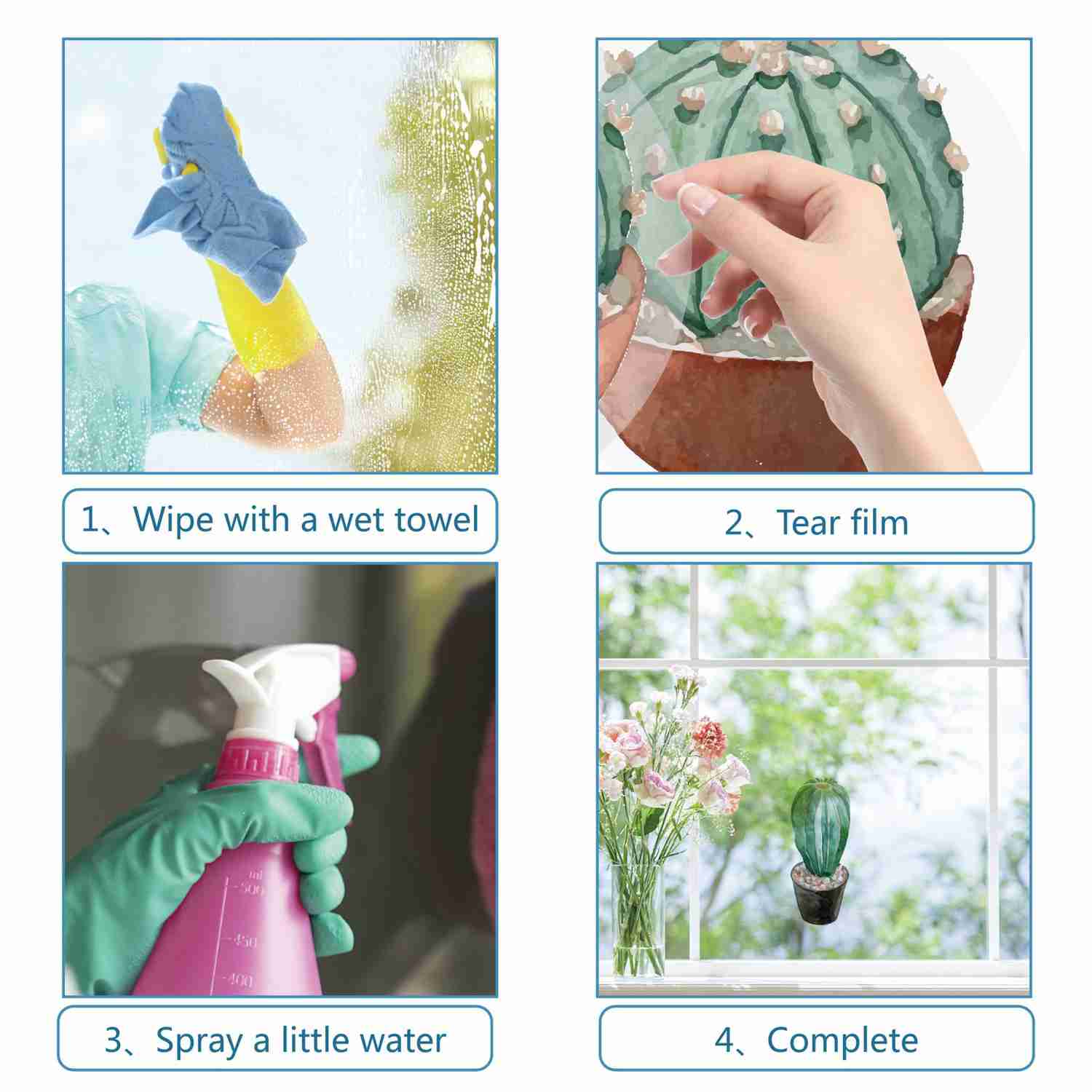 Craspire PVC Wall Sticker Set - Cactus Pattern, Flat Round Shape for Window or Stairway Decoration (4 Styles, 4pcs/set)