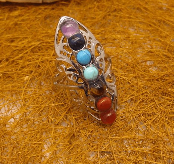 Silver Seven Chakra Rings Rainbow Gemstone Jewelry Gift for Women