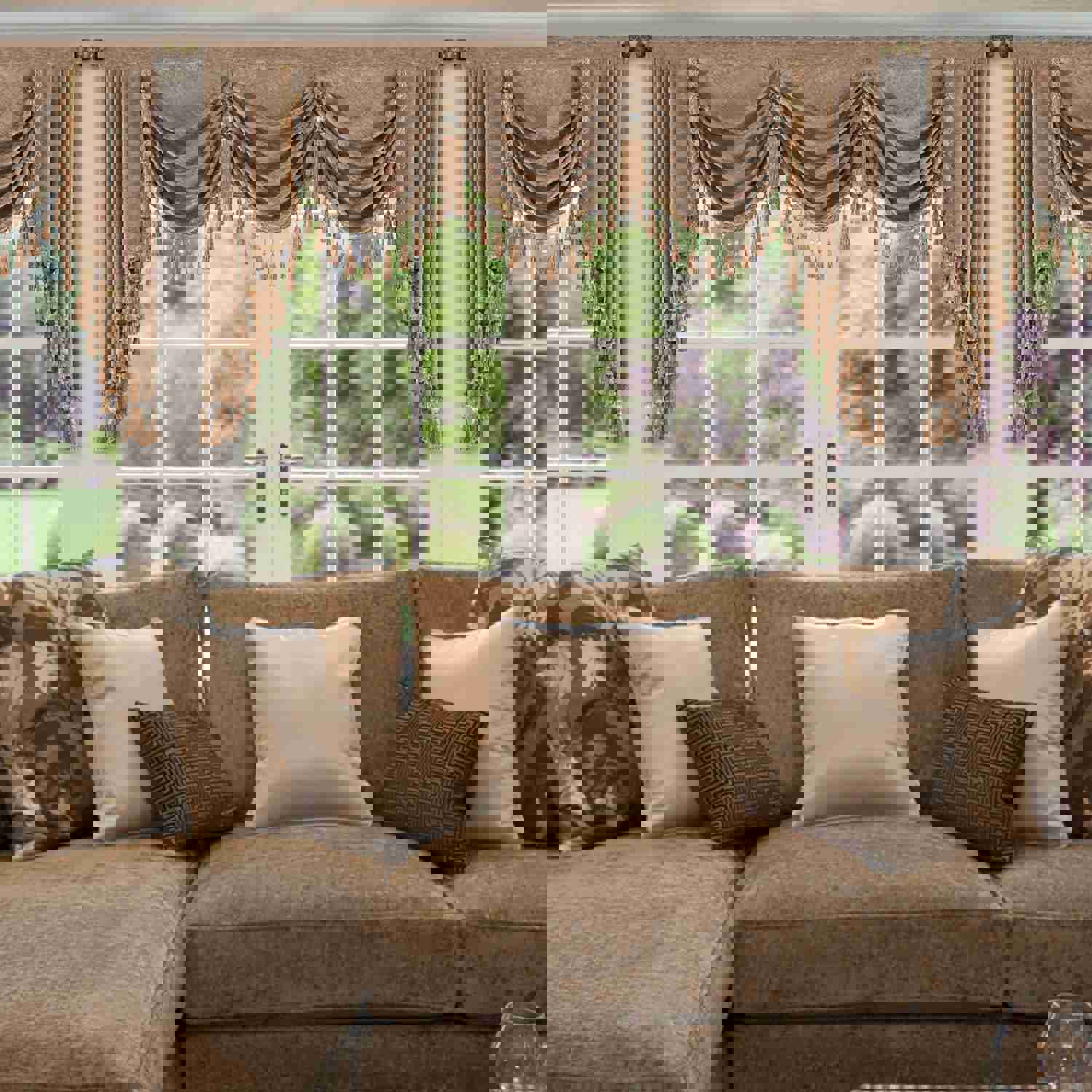 Coffee Chenille Swag Valance with Beads and Tassels