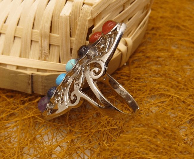 Silver Seven Chakra Rings Rainbow Gemstone Jewelry Gift for Women