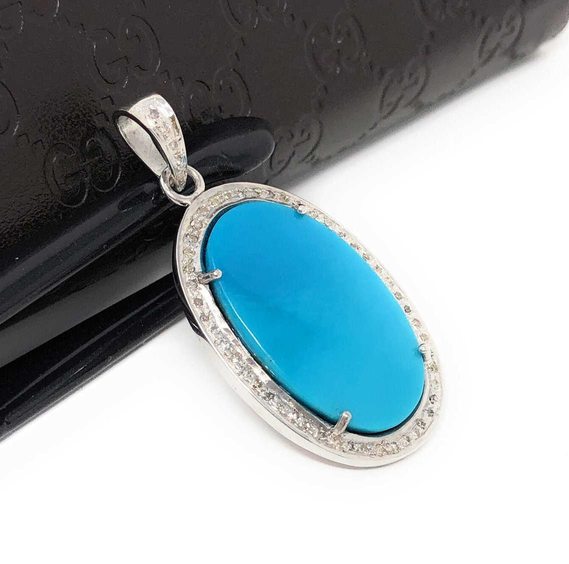 Sleeping Beauty Arizona Turquoise Pendant with Sterling Silver and Diamonds