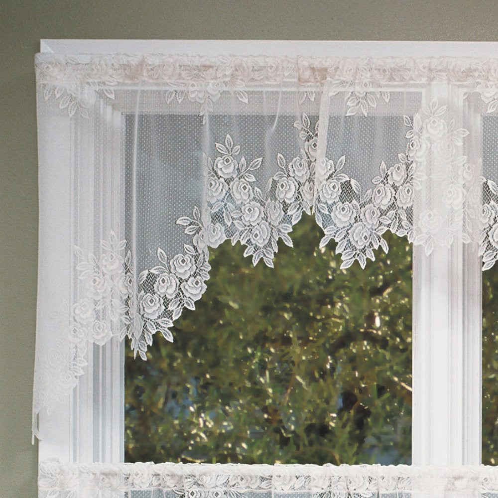 Heritage Lace Tea Rose Swag Pair 60x30 White