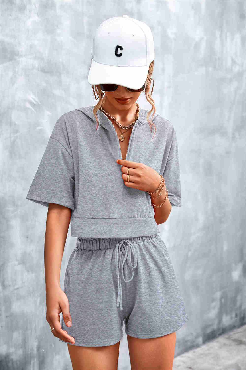 Crop Zip Up Hoodie and Shorts Set - Casual & Chic