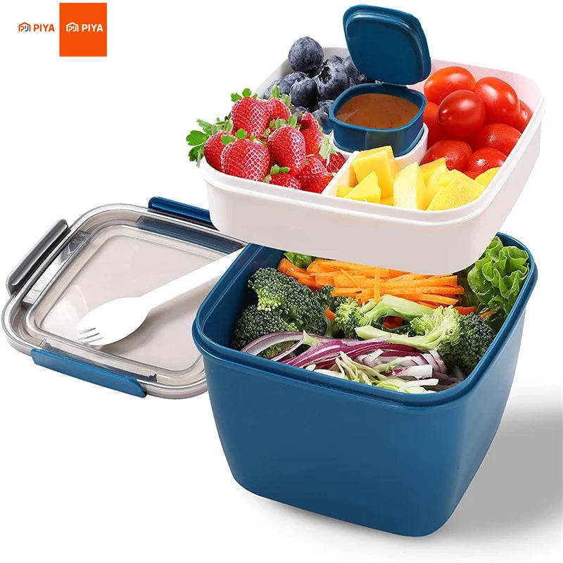 2 Compartments Large Bento Food Container with Dressing Cup