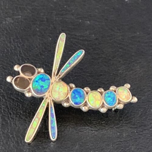 Handmade Zuni White Blue Opal Inlay Dragonfly Sterling Silver Necklace Pin Pendant