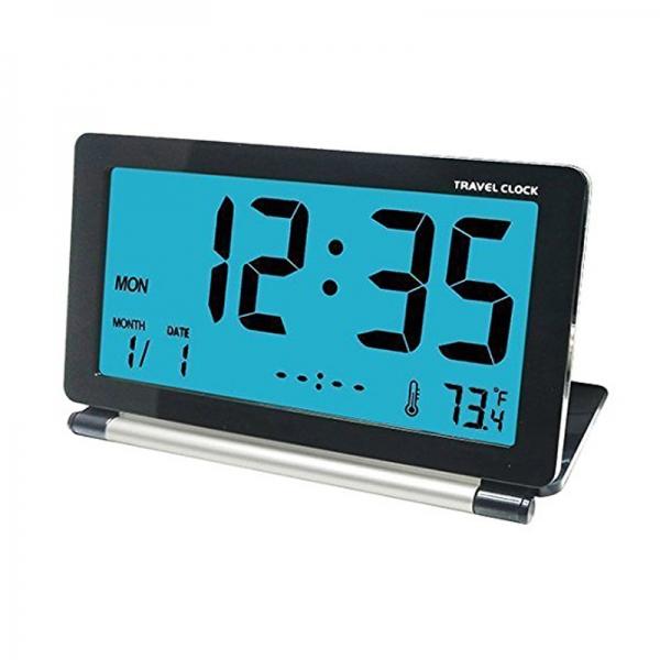 KLAREN Travel Alarm Clock - LCD Mini Digital Desk Folding Electronic Alarm with Backlight (Black)