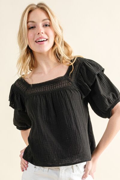 Square Neck Ruffled Blouse in Black