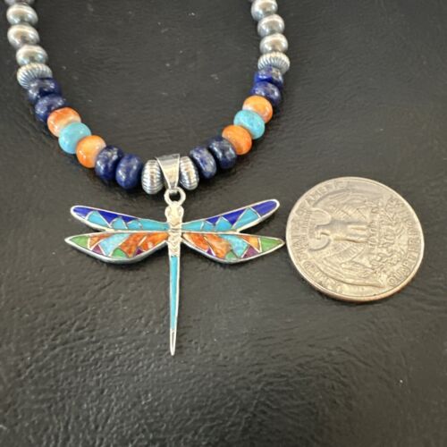 Dragonfly Sterling Silver Turquoise Spiny Inlay MultiColor Pendant