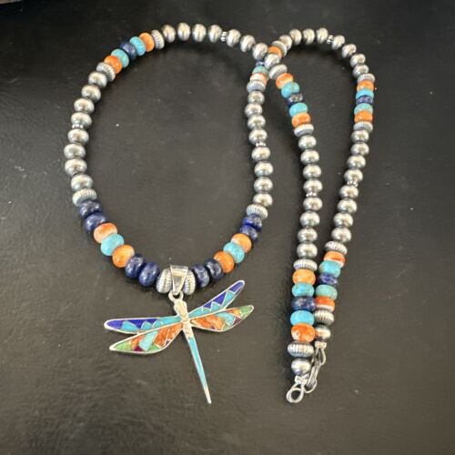 Dragonfly Sterling Silver Turquoise Spiny Inlay MultiColor Pendant
