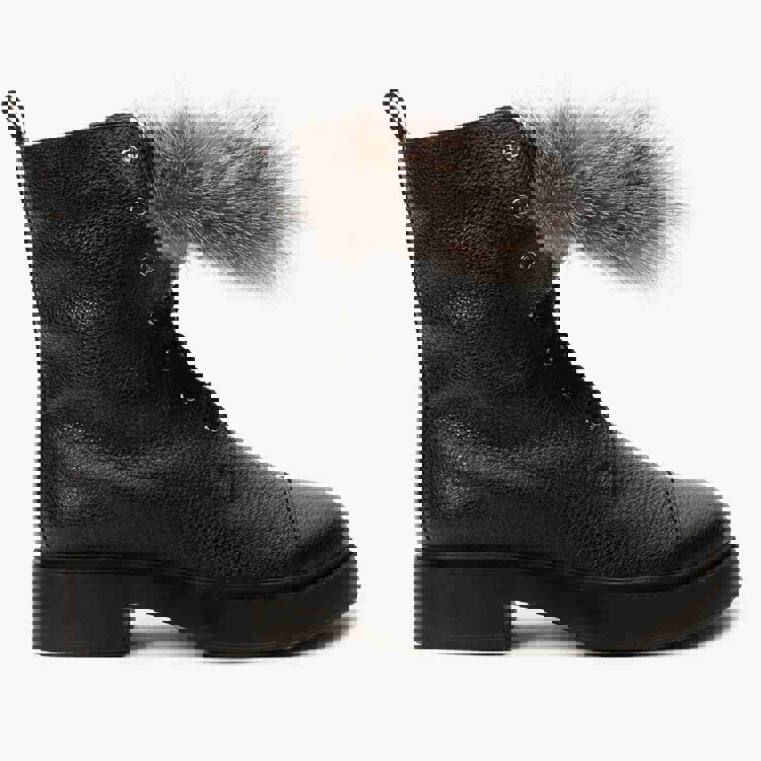 Kajapati Black Leather Natural Fur Mid Calf Women Boot