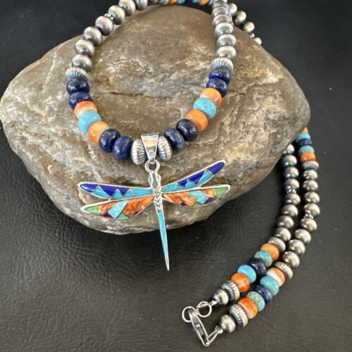 Dragonfly Sterling Silver Turquoise Spiny Inlay MultiColor Pendant