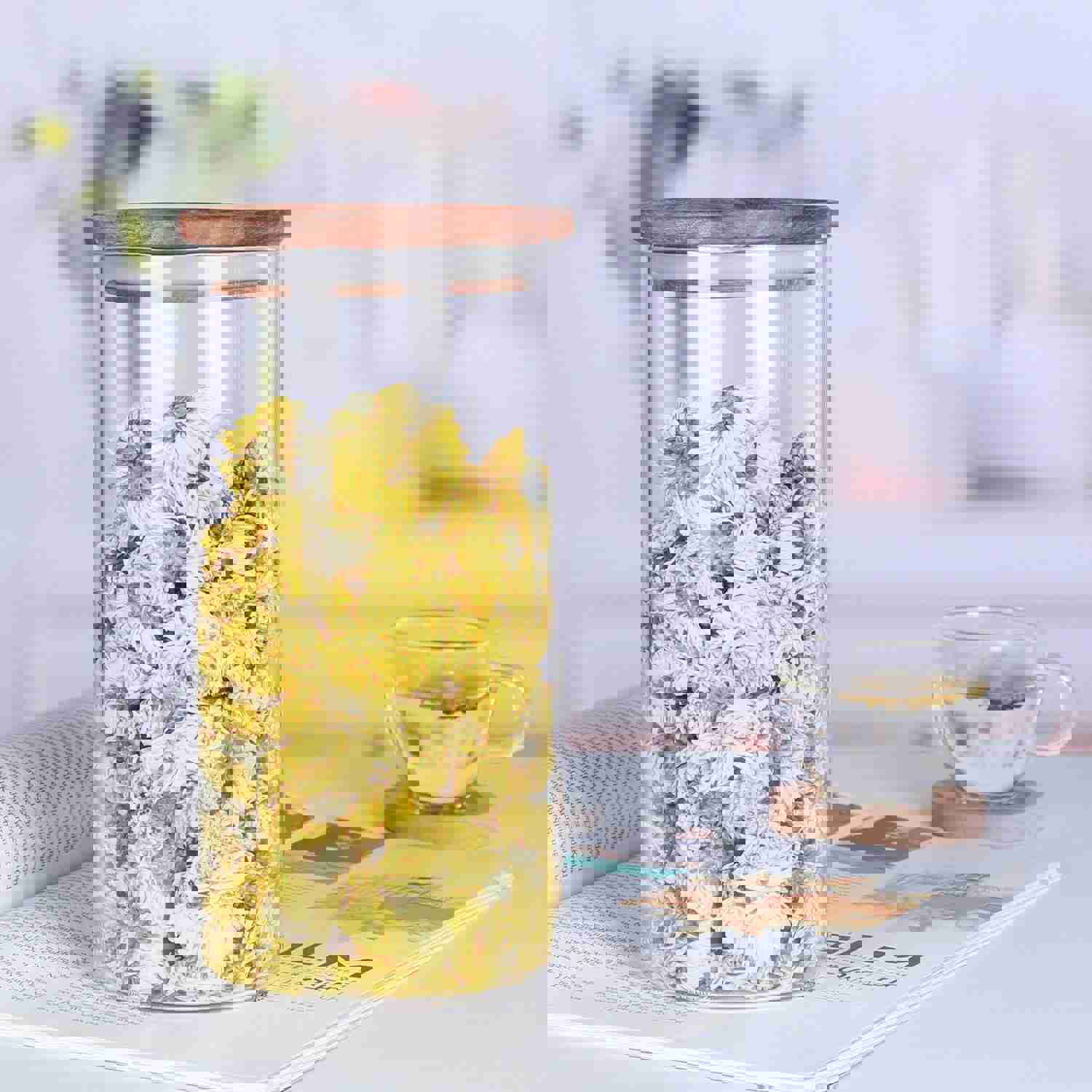 KKC Clear Glass Canisters with Airtight Wood Lids for Food Storage, BPA Free, 39 Floz
