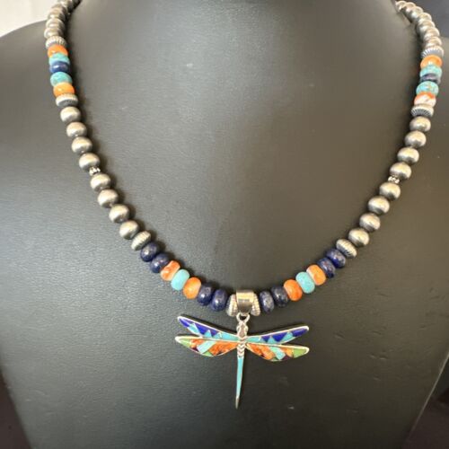 Dragonfly Sterling Silver Turquoise Spiny Inlay MultiColor Pendant