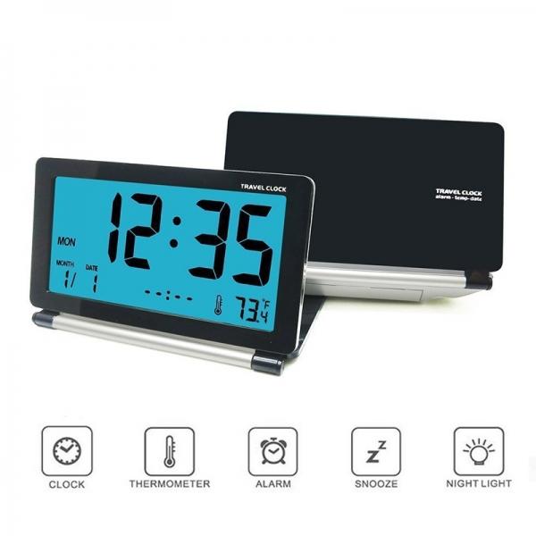 KLAREN Travel Alarm Clock - LCD Mini Digital Desk Folding Electronic Alarm with Backlight (Black)
