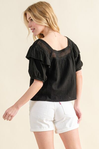 Square Neck Ruffled Blouse in Black
