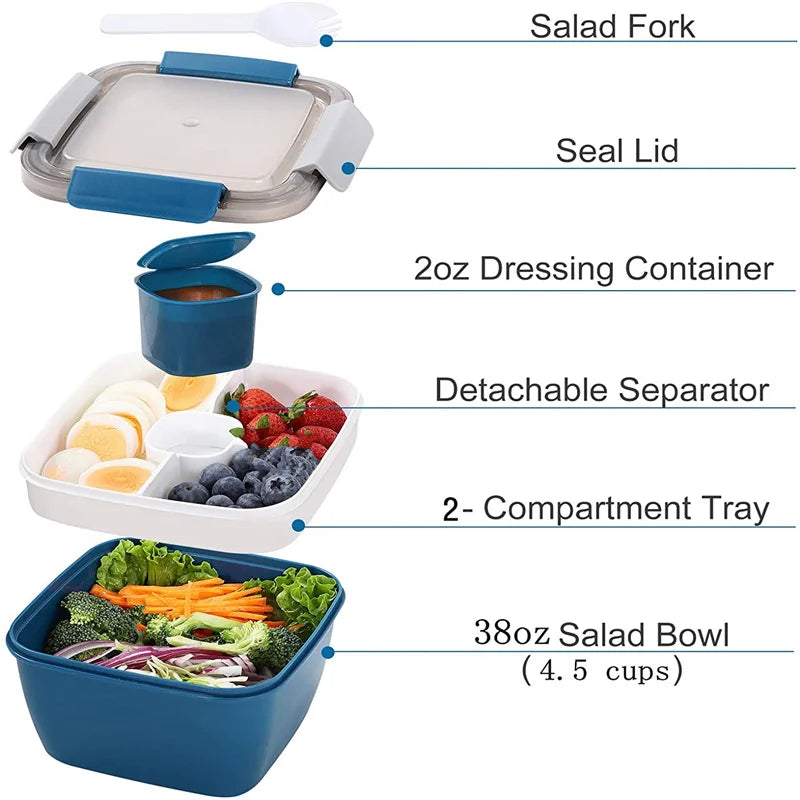 2 Compartments Large Bento Food Container with Dressing Cup