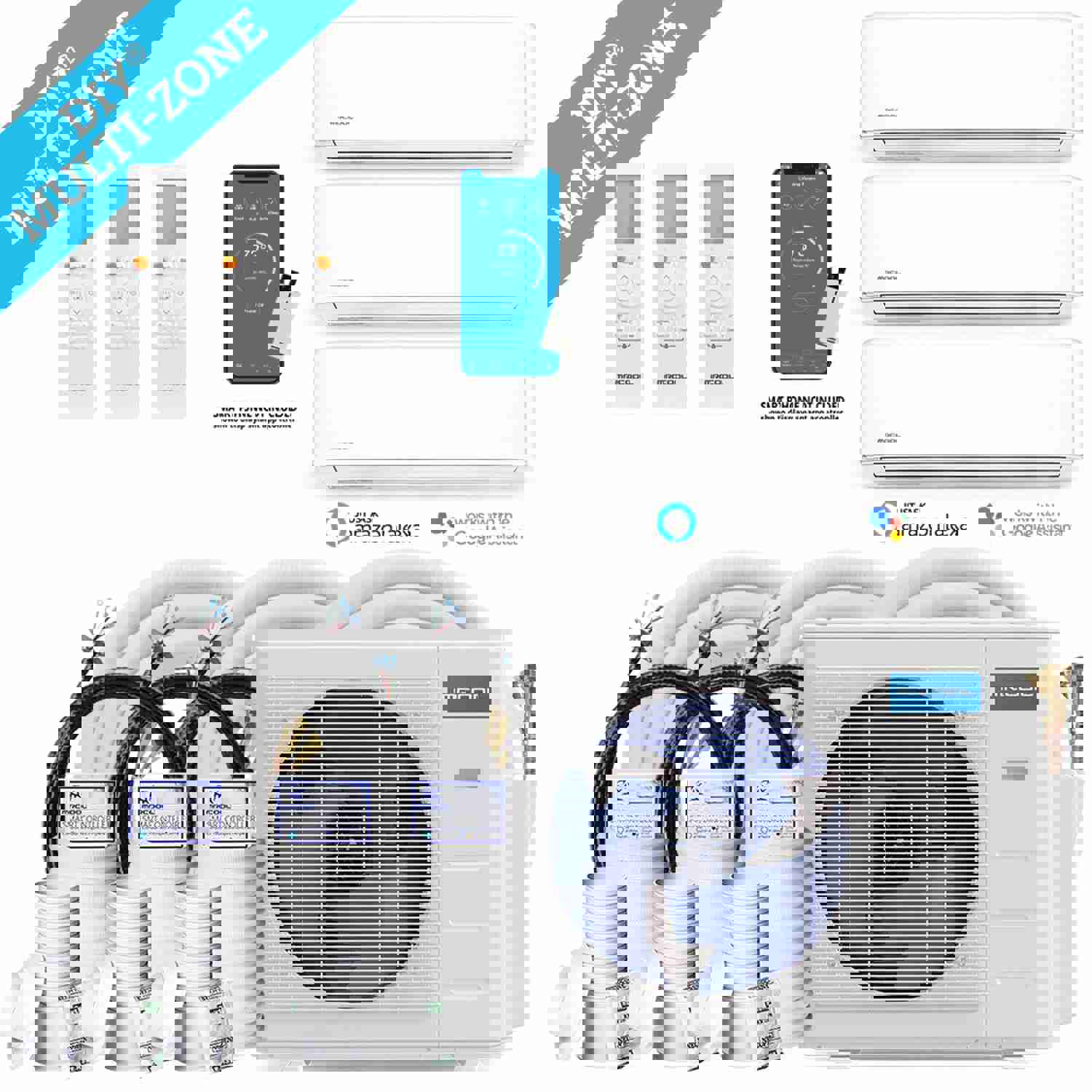 MRCOOL DIY 4th Gen 48K BTU 3-Zone Condenser with 18K+18K+18K Handlers and 3 x 16ft Linesets Bundle