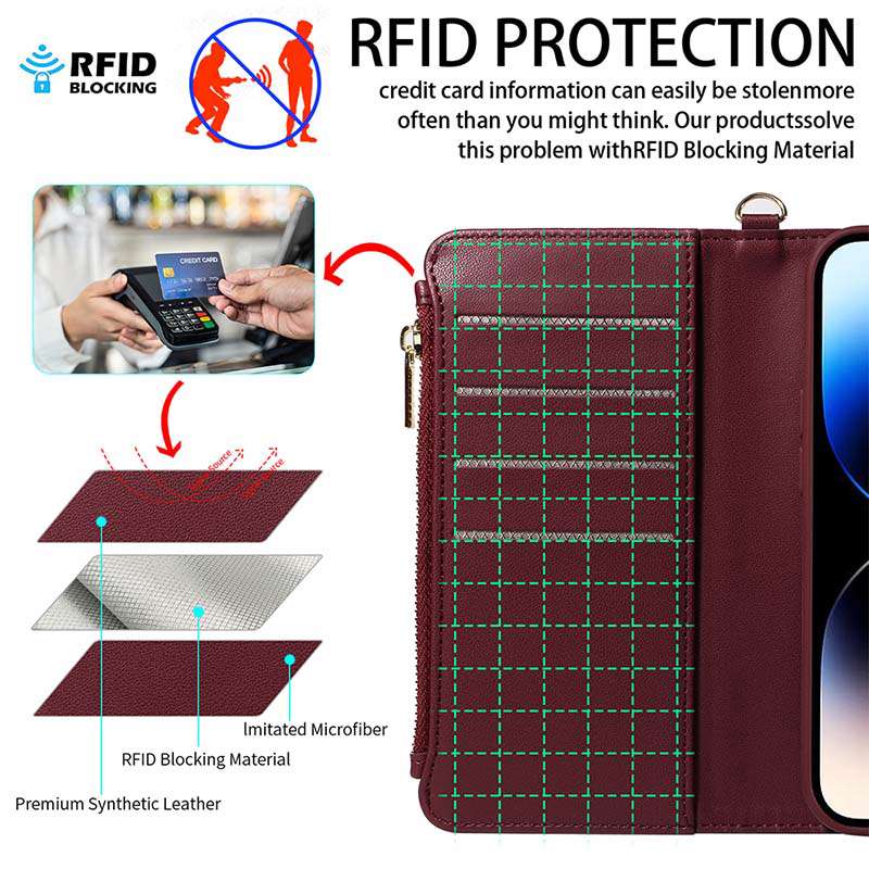 Casekis Cardholder Case with Wrist Strap, MagSafe Compatible, Zipper Pocket, Red Wine