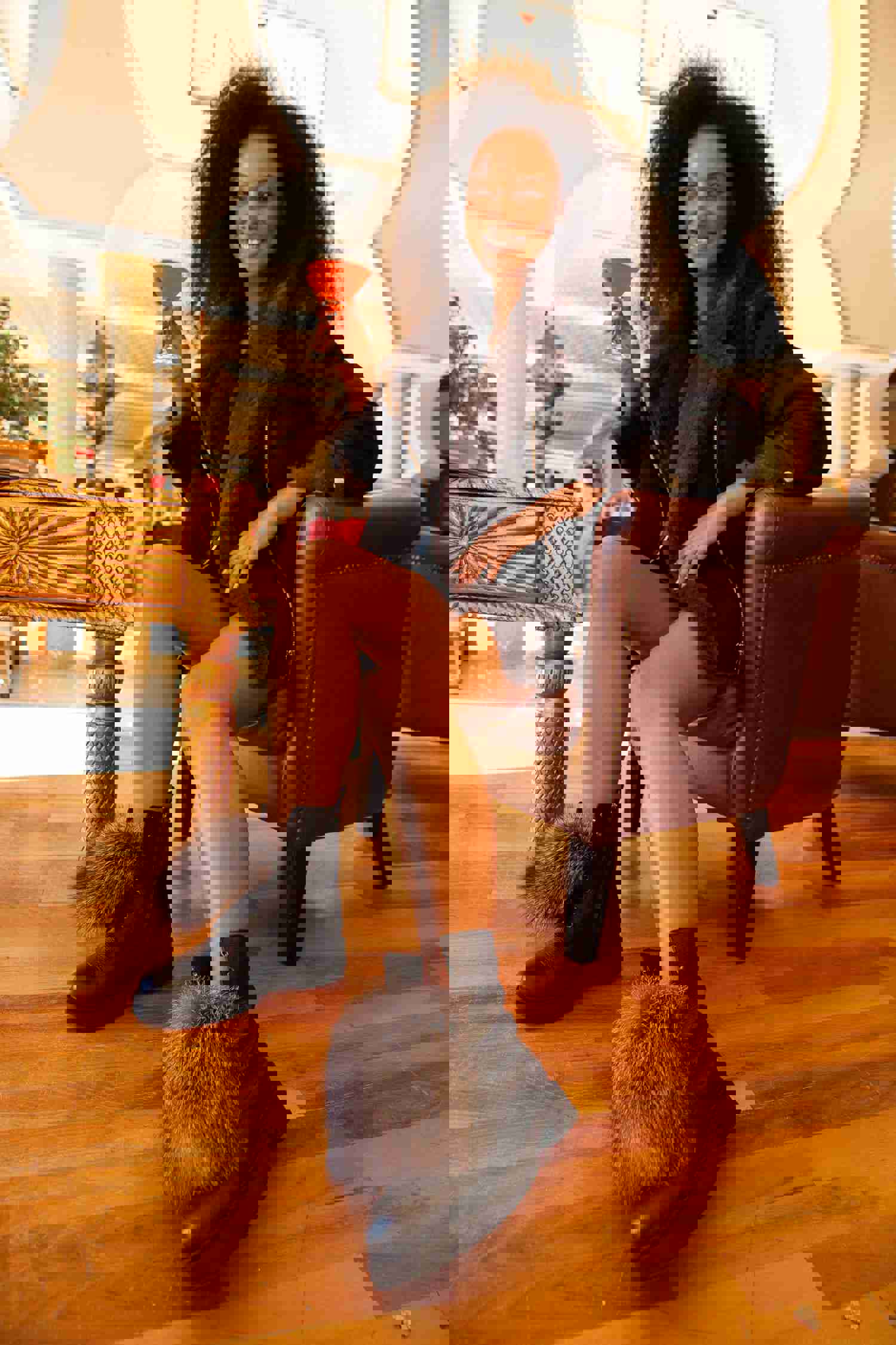 Kajapati Black Leather Natural Fur Mid Calf Women Boot