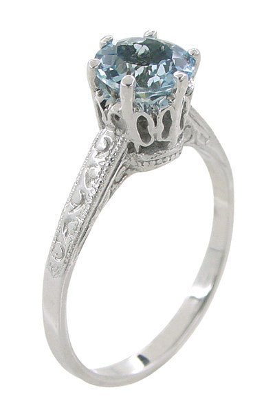 Art Deco Crown 1 Carat Solitaire Aquamarine Engagement Ring in 18 Karat White Gold
