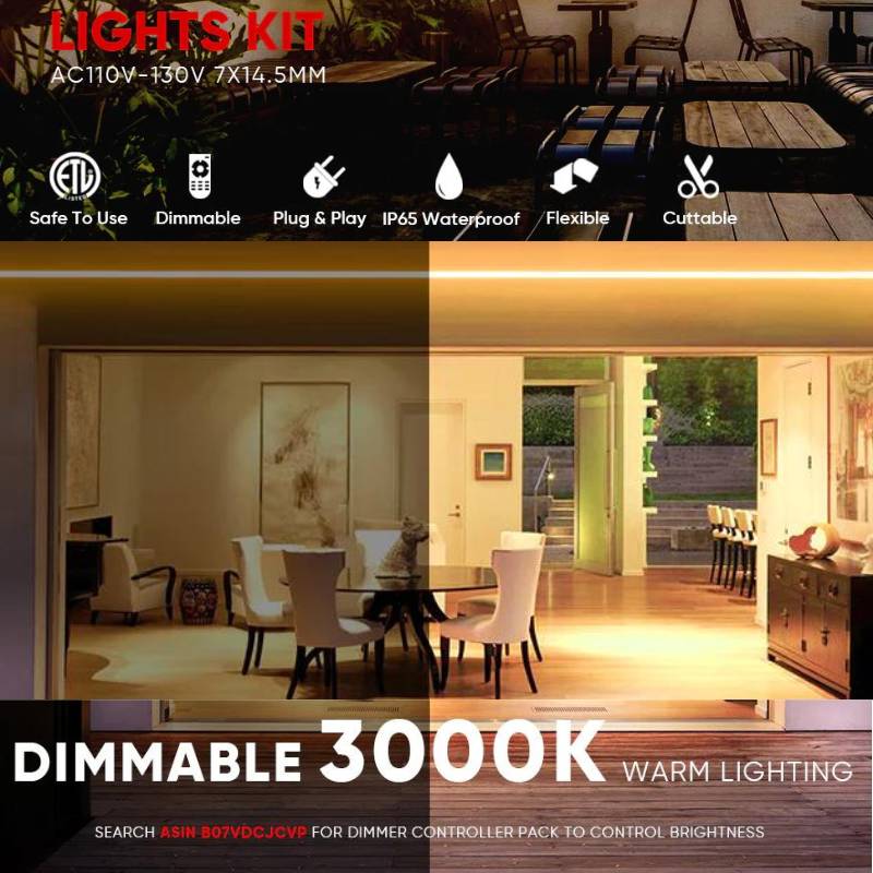 Warm White LED Neon Light - 3000K, 7W/Meter, 240LM/W, IP65, Energy Efficient, ETL Listed