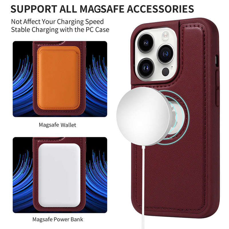 Casekis Cardholder Case with Wrist Strap, MagSafe Compatible, Zipper Pocket, Red Wine