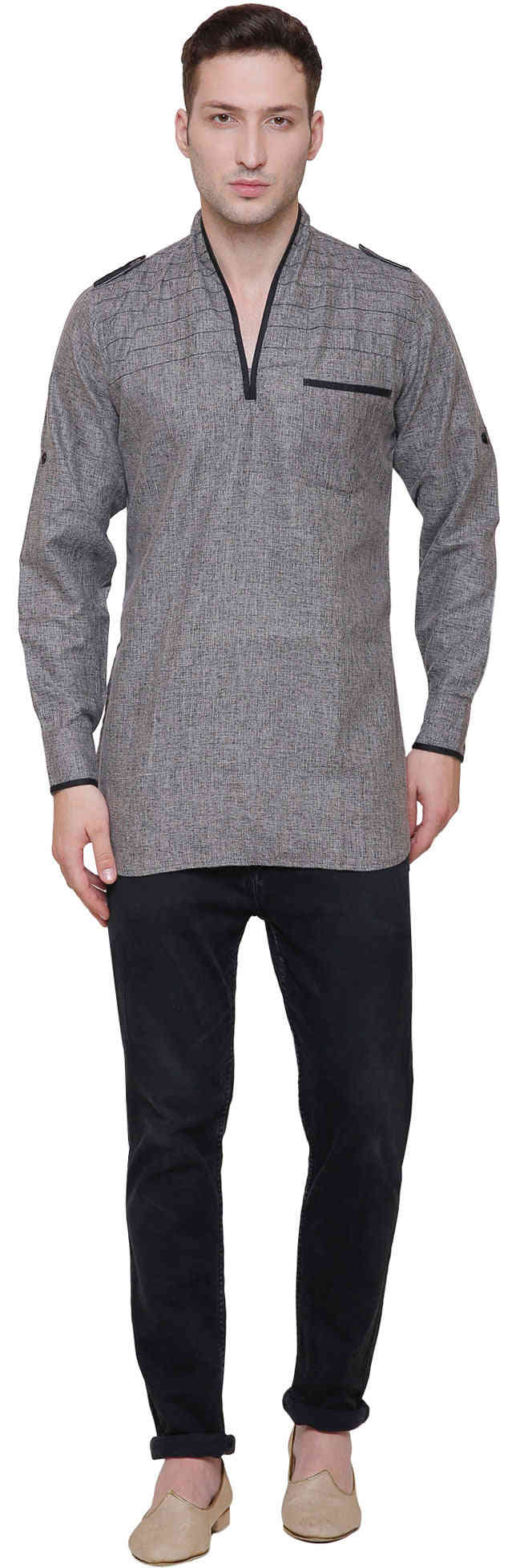 Cotton Men's Short Kurta Shirt - Traditional Indian Ethnic Wear (Grey)